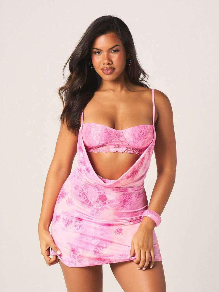 MISSGUIDED Women's Pink Tie Dye Watercolor Mini Dress With Cowl Neck Cut Out Detail Spaghetti Strap Bodycon Summer Party Cocktail