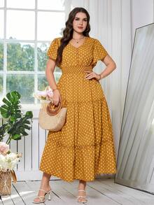Reflora Plus Size Women's Mustard Yellow Polka Dot V-Neck Ruched Waist Elegant Party Dress,Summer Boho Vacation Holiday Beach Wedding Guest Formal Evening - Yellow - View 6