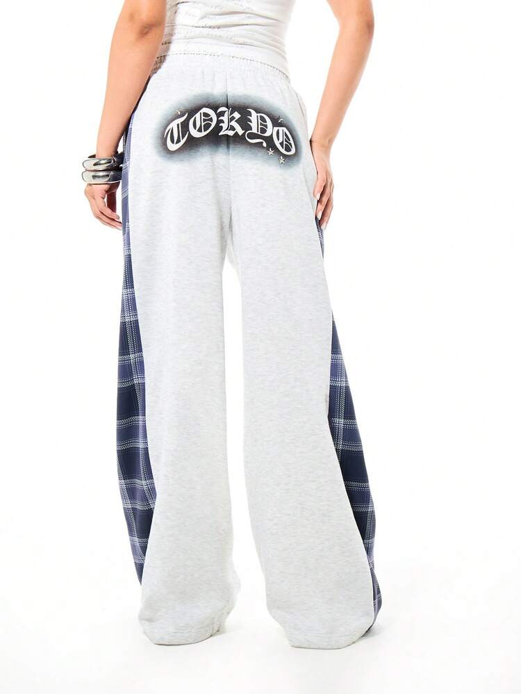 SUMWON WOMEN Spliced Check Panel Wide Leg Joggers