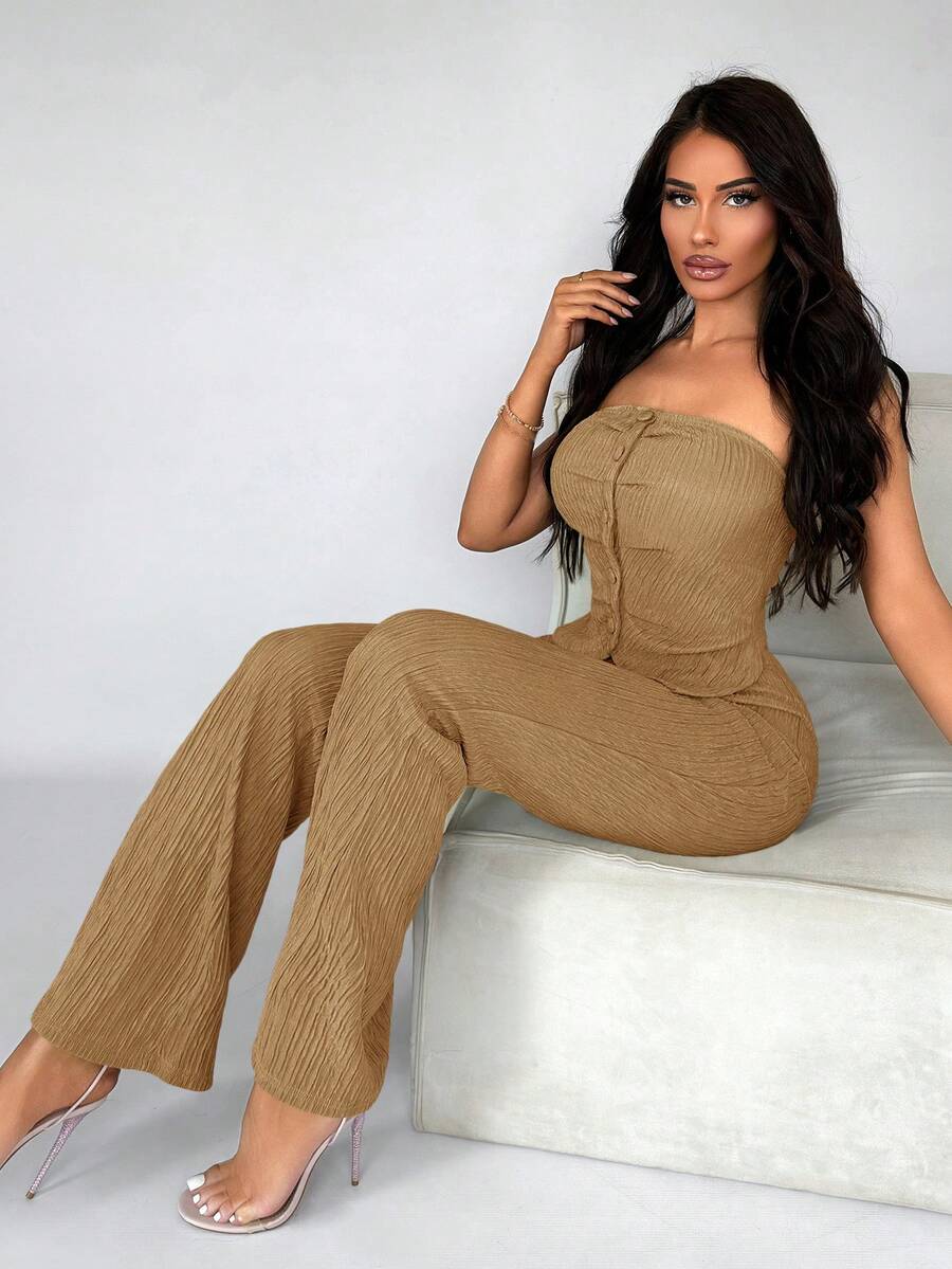 SHEIN SXY Conjunto de Top Tomara que Caia Verde Texturizado e Calça Flare Sexy para Mulheres no Verão - Caqui - Visão 1