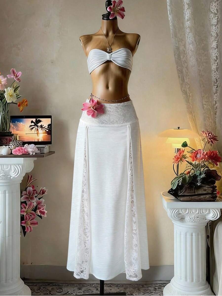 SaltGleam SaltGleam 2026春夏新款女式蕾丝拼接半身裙 - 白色 - 查看 1