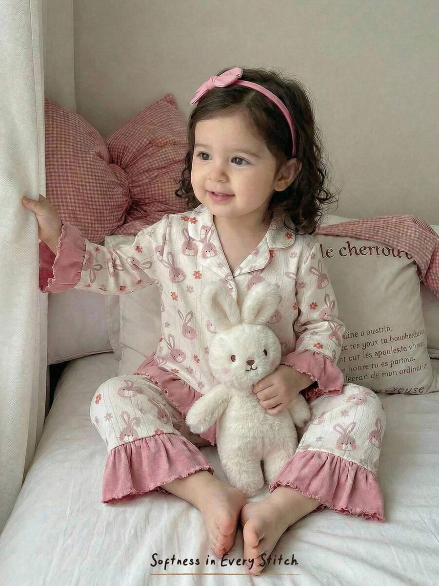 Cozy Pixies Baby Girl Cute Cartoon Rabbit Pattern Off-White Pajama Set,Autumn Long Sleeve Cardigan & Elastic Waist Pants 2 Pieces Soft Sleepwear Bunny Print - Multicolor - View 1