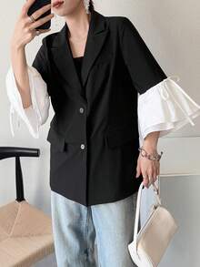 FRIFUL Áo khoác blazer nữ phối màu tương phản, dáng rộng, thoải mái, cổ tay buộc nơ, thích hợp cho mùa xuân/hè. - màu đen - Xem 7