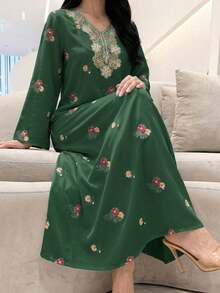 Yasmyna 女士优雅花卉蕾丝V领宽松阿拉伯风格连衣裙，适合春秋季穿着 - 墨綠色 - 查看 1