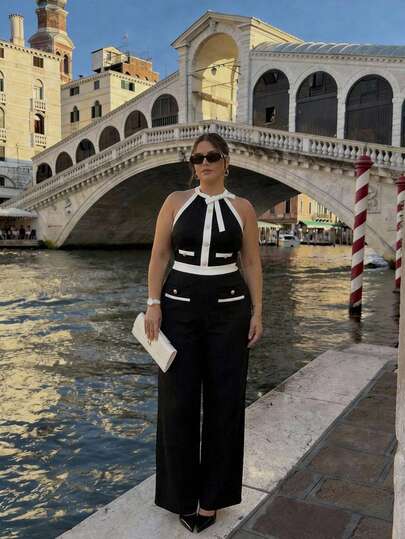 SHEIN MOD Plus Size Elegant Black & White Contrast Sleeveless Jumpsuit, Casual, Office, School Wear.Plus Size Black And White Jumpsuit Halter Neck Wide Leg Button Down Front Contrast Trim Sleeveless Design Elegant Silhouette Waist Accent Soft Drape Tailored Fit Decorative Pockets Lightweight Material Flowy Appearance Chic Look Classic Colorblock Structured Bodice Polished Style Gold-Tone Buttons Sophisticated Touch Relaxed Comfort