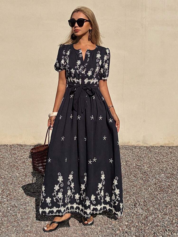 Spring Round Neck Petal Sleeve Waist Embroidered Women's Mid-Length Dress Maxi Dress Sundress Floral Dresses For Women