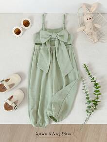 Cozy Pixies Bộ áo liền quần cho bé gái màu trơn, thoải mái, có nơ trang trí, màu xanh lá cây nhạt, chất liệu vải lanh, quần áo trẻ em. - màu xanh lá - Xem 7