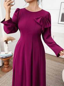 Feyla Plus Size Women's Solid Color Round Neck Long Sleeve Bow Decor Elegant Dress - Burgundy - View 4