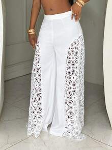 SHEIN BamGlam 女士度假休闲纯色镂空刺绣阔腿裤 - 白色 - 查看 3