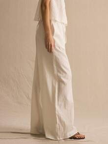 MUSERA Drawstring Textured Wide Leg Co-Ord Trousers Only Spring Summer Cosy Cute Daily Girly Vacation Sunlight Social - White - View 3