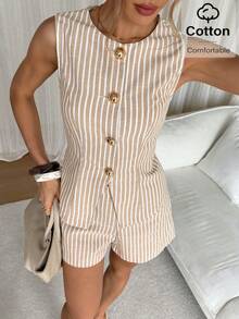 Siren Gaze Conjunto de chaleco de una sola hilera a rayas y pantalones cortos casuales para mujer, conjunto de dos piezas con pantalones cortos, conjunto de top sin mangas y pantalones cortos a rayas, conjunto de pantalones cortos de verano de 2 piezas para mujer, conjunto casual de 2 piezas con pantalones cortos para mujer, conjunto de 2 piezas de verano para mujer, conjunto de pantalones cortos a rayas de 2 piezas para mujer, conjunto de pantalones cortos de 2 piezas para mujer - Multicolor - Ver 7