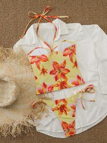 Swim Mod 女士热带花卉印花两件式比基尼套装，挂脖系带，侧系带，沙滩度假比基尼套装 - 彩色 - 查看 3