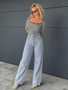 Jeta Ari Pantaloni in denim casual a gamba dritta e vestibilità ampia con tasche per donne - Grigio Chiaro - Visualizzare 4
