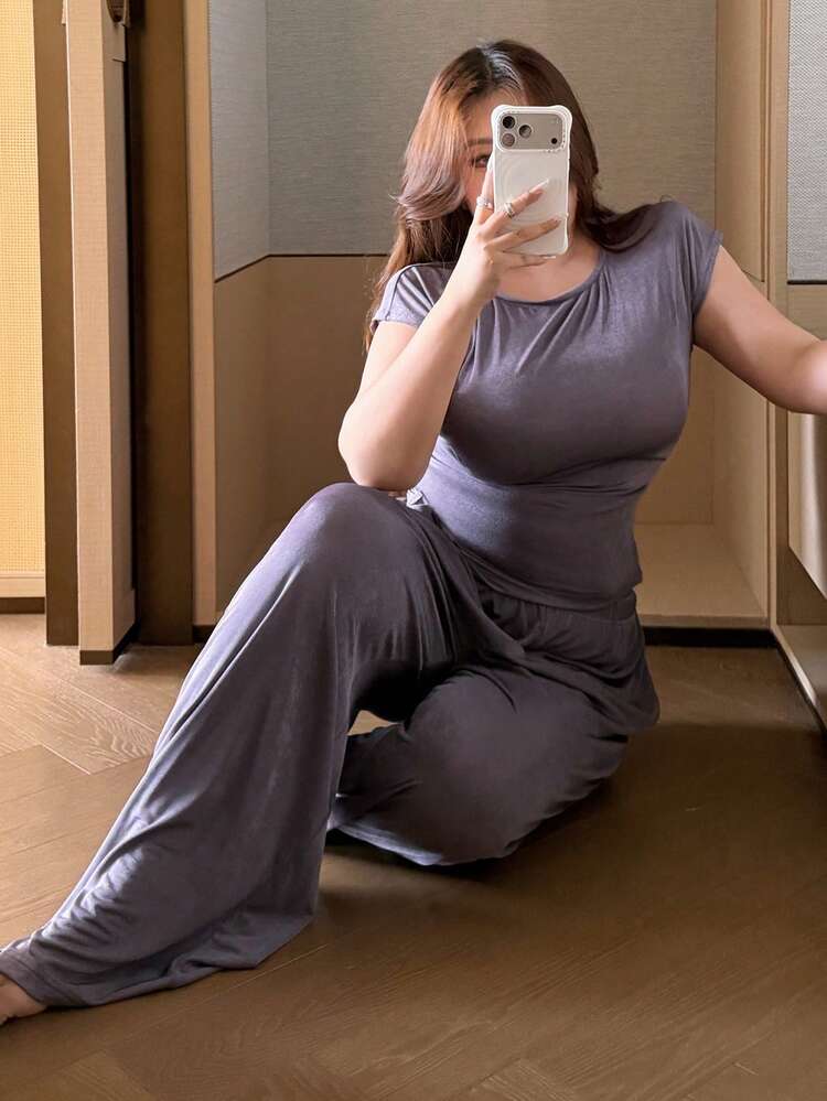 Dazy Plus Elegant Purple Glossy Knit Fabric Gathered Waist Top & Loose Drawstring Pants Plus Size Women Spring/Summer Pajama Set