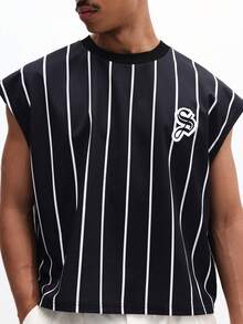 SUMWON Áo tank top nam không tay kẻ sọc trắng dọc trên nền đen, điểm nhấn logo. - màu đen - Xem 5