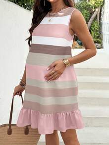 SHEIN Maternity Casual Colorful Striped Ruffle Hem Short Dress - Multicolor - View 5