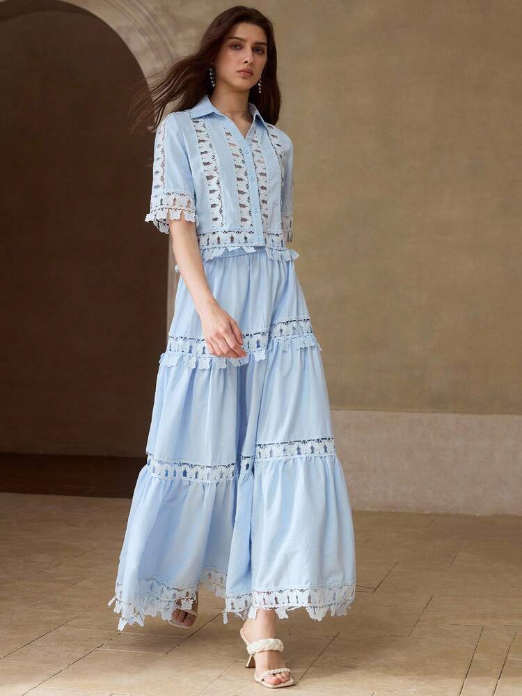 Spring/Summer New Women's Short Sleeve Shirt With Hollow Patchwork, Butterfly Ruffle Trim, Ruffle Hem A-Line Skirt 2 Pieces Set