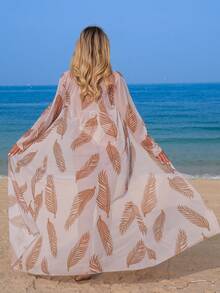Swim Vcay 女士优雅随机叶子印花长袖和服罩衫，夏季 - 彩色 - 查看 2