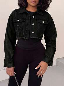 Alexandranx Crop Raw Hem Denim Jacket - Black - View 3