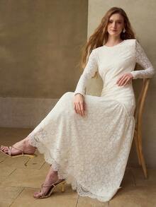 MOTF PREMIUM WOMEN'S ELASTIC FLORAL LACE PATCHWORK A-LINE LONG DRESS, SPRING/SUMMER - Beige - View 5