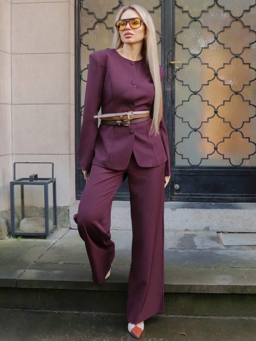 Elenary Edit 2pcs Women's Minimalist Solid Color Single-Breasted Blazer And Pants Suit Set, Office/Commute,Fall,Fall Clothes For Women - Burgundy - View 1