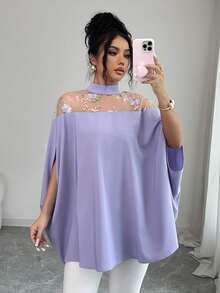 Elenzga Women's Stand Collar Loose Mesh Hollow Out Off Shoulder Blouse - Purple - View 1