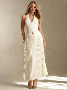 SHEIN Glamour Apricot Sleeveless Woven Button Back Camisole Top, Casual Mid-Length Pleated Skirt Minimalist Women's Suit Set - Apricot - View 1