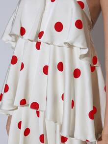女士优雅浪漫波点印花多层荷叶边露背系带连衣裙，适合度假和夏季穿着 - 白色 - 查看 6