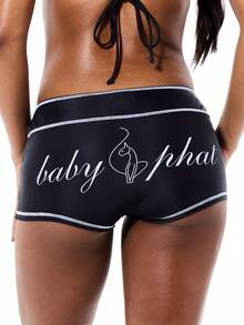 BABYPHAT Women's Navy Bikini Bottom With White Contrast Stitching And Text Print Summer Beach Swimwear Shorts Style Coverage - Black - View 4