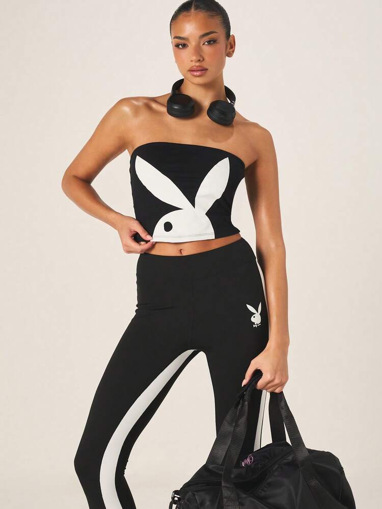 Missguided x Playboy Women's Bunny Bandeau Top Strapless Black Tube Top With Logo Print Cropped Party Festival Summer Casual