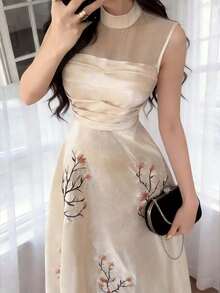 Feyla Women's Elegant Floral Embroidery Sleeveless Dress, Summer - Apricot - View 3