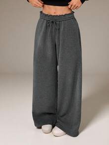 SHEIN Tall Pantalones de chándal con cintura elástica y pierna ancha, engrosados para otoño/invierno. Estilo casual, versátil y estilizador para primavera/verano - Gris Oscuro - Ver 6