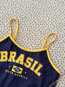 少女款亮色巴西印花撞色休闲吊带背心，修身剪裁，适合夏季、运动休闲穿着。 - 藏蓝色 - 查看 6