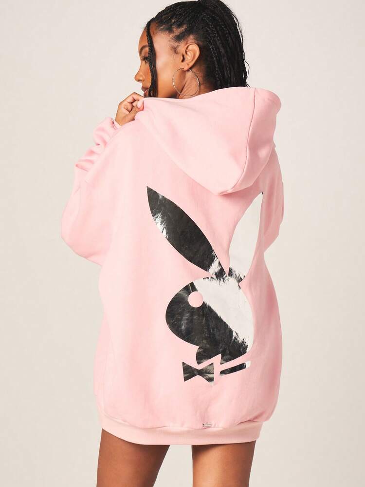 Missguided x Playboy Pink Bunny Hoodie Dress With Front Chest Text And Back Logo Print Long Sleeve Oversized Mini Dress