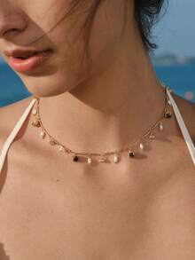 Opalesca Tiger's Eye Stone Pearl Bell Flower New Earrings Necklace - Gold - View 1