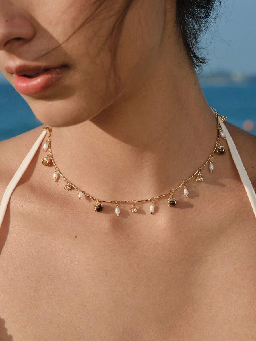 Opalesca Tiger's Eye Stone Pearl Bell Flower New Earrings Necklace - Gold - View 1