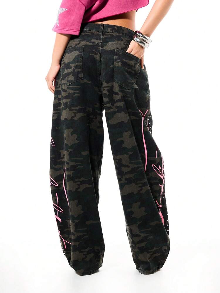 SUMWON WOMEN Camo Wide Leg Jeans With Pink Script Graphics