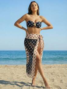 Bonvoyette 女士夏季沙滩波点印花抹胸性感比基尼套装，含罩衫和裙子 - 黑色 - 查看 4