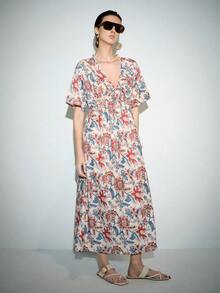 Lumivelle 女士时尚V领系带腰身七分袖宽松A字连衣裙，度假休闲风，春夏款 - 彩色 - 查看 3