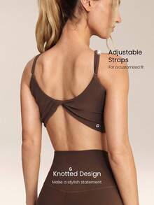 GLOWMODE FeatherFit™ Better Together Twisted Backless Removable Cups Adjustable Straps Square Neckline Tank & 4.3" Buttery-Soft Sweat-Wicking Crossover Waist Biker Shorts Low Impact Yoga Cycling Running Gym Daily Active Wear - Brown - View 4