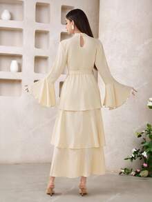 Veilorie 女士纯色立领喇叭袖褶裥优雅阿拉伯连衣裙 - 黃色 - 查看 3