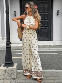 Pariaura 优雅露背吊带背心搭配阔腿直筒裤印花套装，女士夏季 - 杏色 - 查看 3