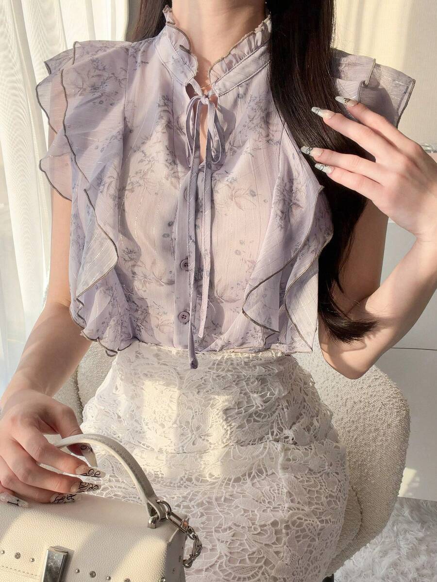 FRIFUL Women's Elegant Floral Print Ruffle Hem Blouse, Summer - White - View 1