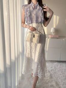 FRIFUL 女士优雅印花荷叶边下摆衬衫，夏季 - 白色 - 查看 2