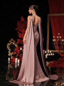 Glamrae Đầm dạ hội cúp ngực gợi cảm, sang trọng, thêu ren, phối ren tinh tế, chất liệu satin co giãn, thích hợp cho đám cưới, tiệc tùng, kỳ nghỉ, dạ hội (phiên bản cao cấp). - Bụi hồng - Xem 3