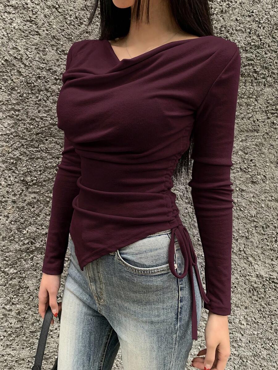 DAZY Women's Solid Color Draped Neck Drawstring Side Long Sleeve Casual T-Shirt For Spring And Autumn - Burgundy - View 1
