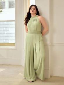 MOTF PREMIUM PLUS SIZE WOMEN'S HALTER NECK RUCHED JUMPSUIT, ELEGANT AND LEG LENGTHENING, SPRING/SUMMER - Green - View 1