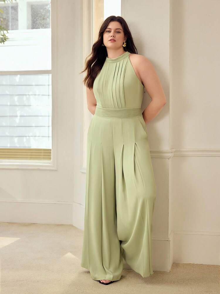 PLUS SIZE WOMEN'S HALTER NECK RUCHED JUMPSUIT, ELEGANT AND LEG LENGTHENING, SPRING/SUMMER