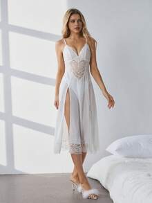 HautHeat Women's Sexy Contrast Lace Slit Camisole Dress, Summer Nightgown - Black - View 4