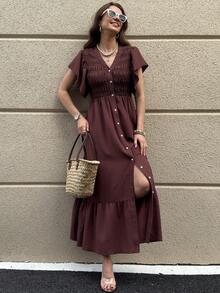 SHEIN Clasi Women's Dark Brown Button Front Long Dress, Summer Casual Solid Color Vacation Outfit, Holiday Garden Party, Outfits - Brown - View 5